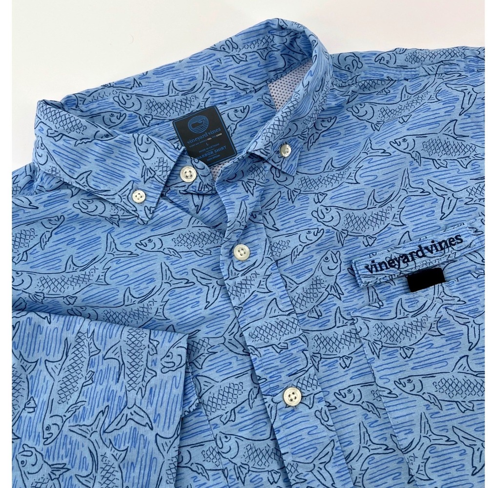 Vineyard Vines Mens Harbor Shirt Blue Fish Print Performance Fishing Top Large